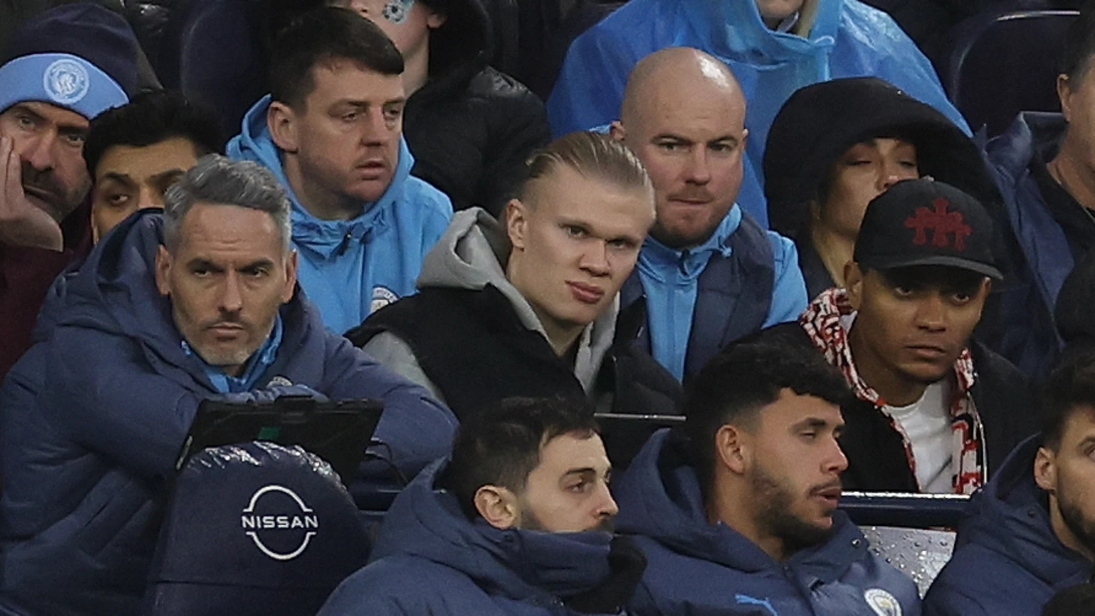 Erling Haaland (centre) watched Manchester City's defeat to Liverpool from the substitute's bench / Catherine Ivill - AMA/GettyImages