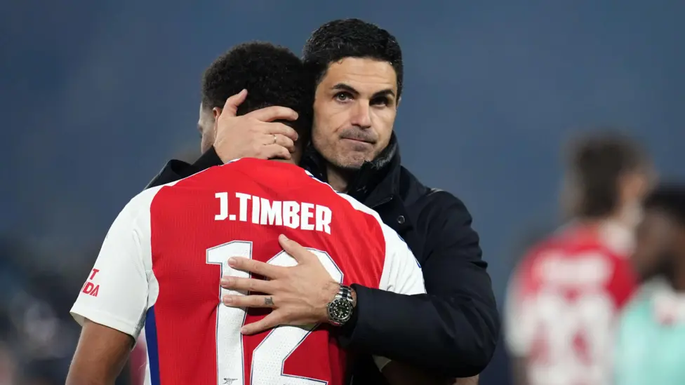 Arsenal manager Mikel Arteta consoled Jurien Timber after their Champions League semi-final loss against Paris St-Germain