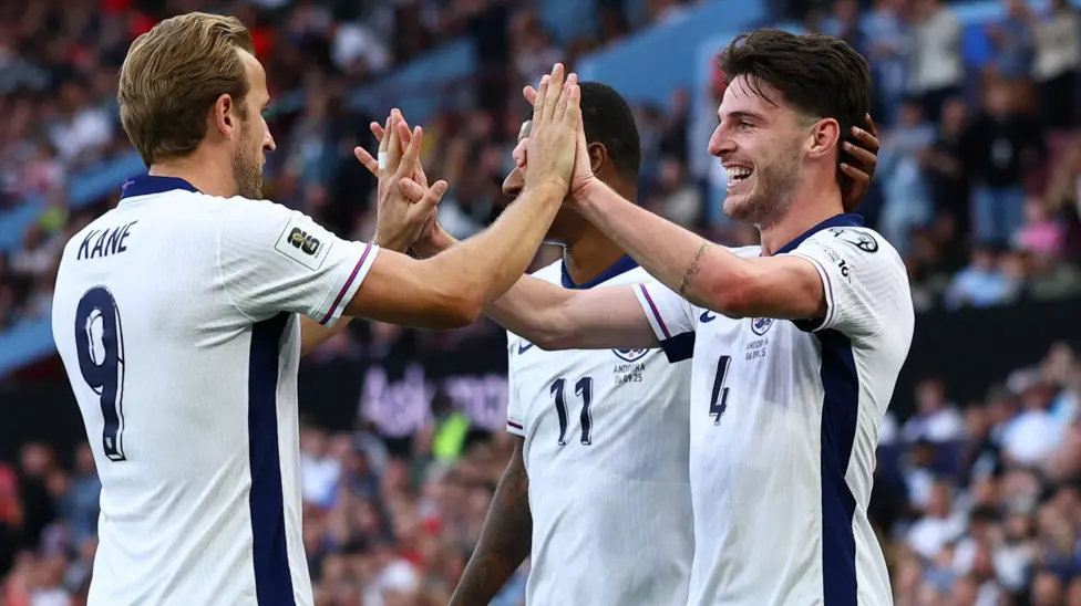 Declan Rice is contributed by England captain Harry Kane after heading the second goal against Andorra at Villa Park