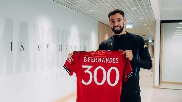 Manchester United captain Bruno Fernandes will make his 300th appearance for the club in the Premier League game against Brighton
