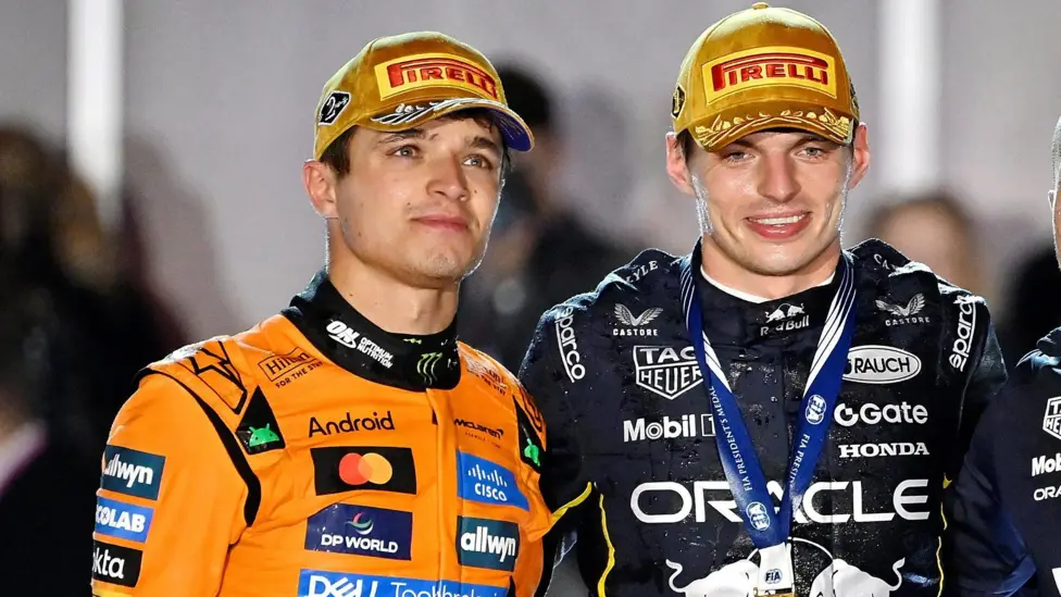 Lando Norris (left) has a 24-point lead on Max Verstappen (right) and Oscar Piastri in the Formula 1 drivers' championship with two races remaining