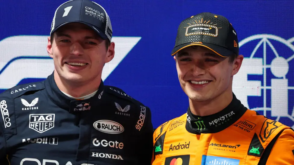 Lando Norris (right) will start the Las Vegas Grand Prix from pole position with Max Verstappen, second on the grid, alongside him