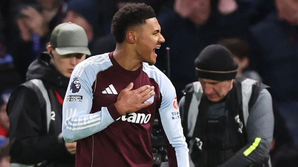 Aston Villa's Ollie Watkins celebrates after equalising against Chelsea at Stamford Bridge
