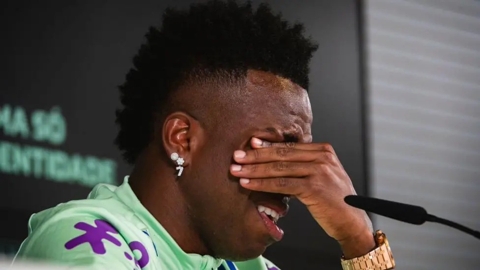 Vinicius Jr cries while talking about racism during a press conference in 2024