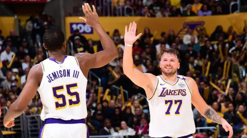 Luka Doncic (right) joined the LA Lakers in February after seven years with the Dallas Mavericks.