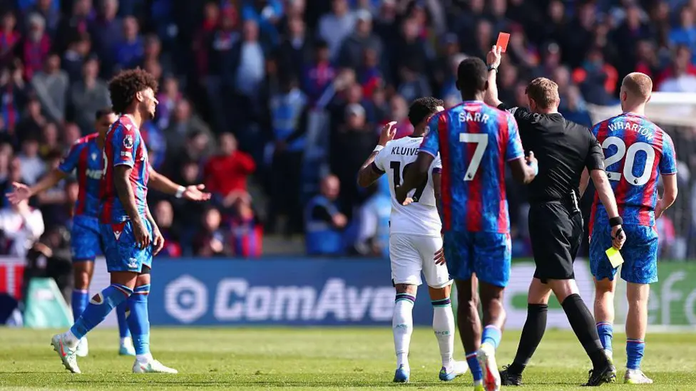 Crystal Palace defender Chris Richards was sent off for a foul on Justin Kluivert in first-half stoppage time