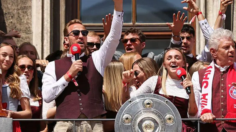 Harry Kane with fellow England star Georgia Stanway, celebrating both the men's and women's Bayern Munich sides winning the league this season