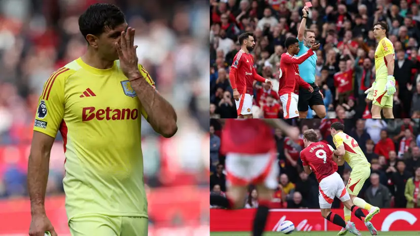 Emiliano Martinez was sent off in Aston Villa's clash with Manchester United on the final day of the season after a wild challenge outside of his box.