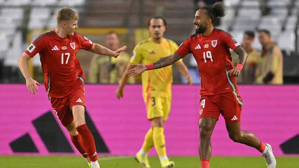 Sorba Thomas celebrates his first international goal for Wales