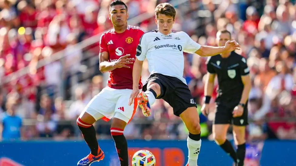 Sverre Nypan in action in a pre-season friendly against Manchester United in July 2024 when Rosenborg took a 1-0 win