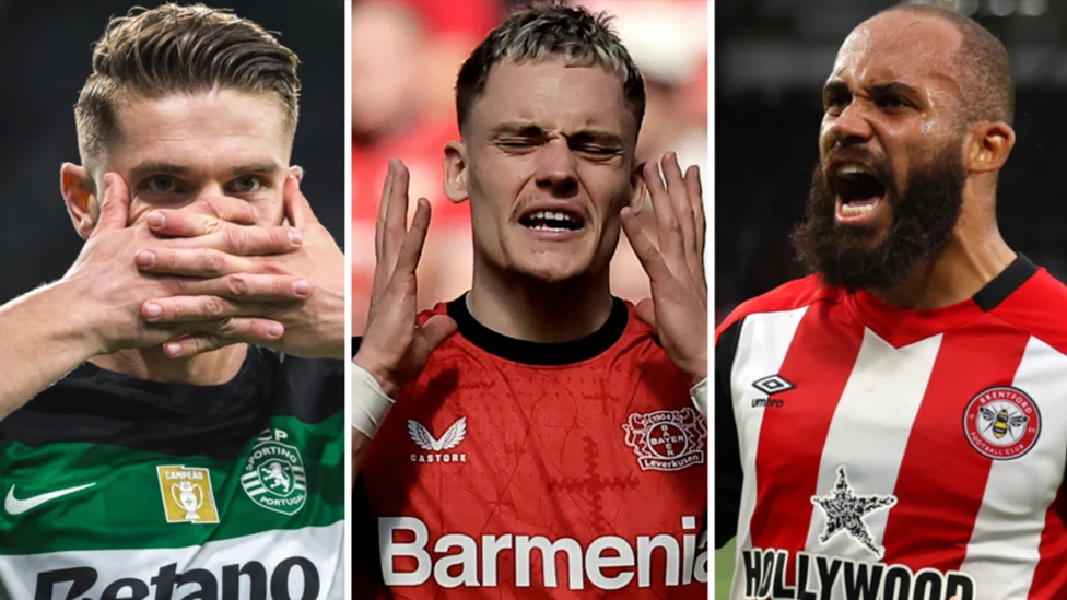 Sporting's Viktor Gyokeres (left), Bayer Leverkusen's Florian Wirtz and Brentford's Bryan Mbeumo (right) are all being linked with moves to other clubs during the 2025 summer transfer window
