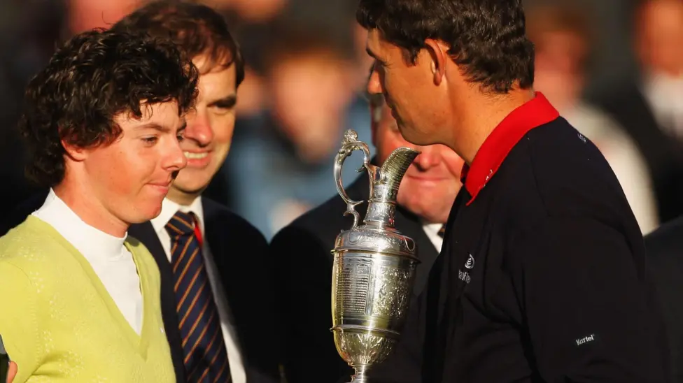 Rory McIlroy (left) finished top amateur on his Open debut when Harrington won in 2007