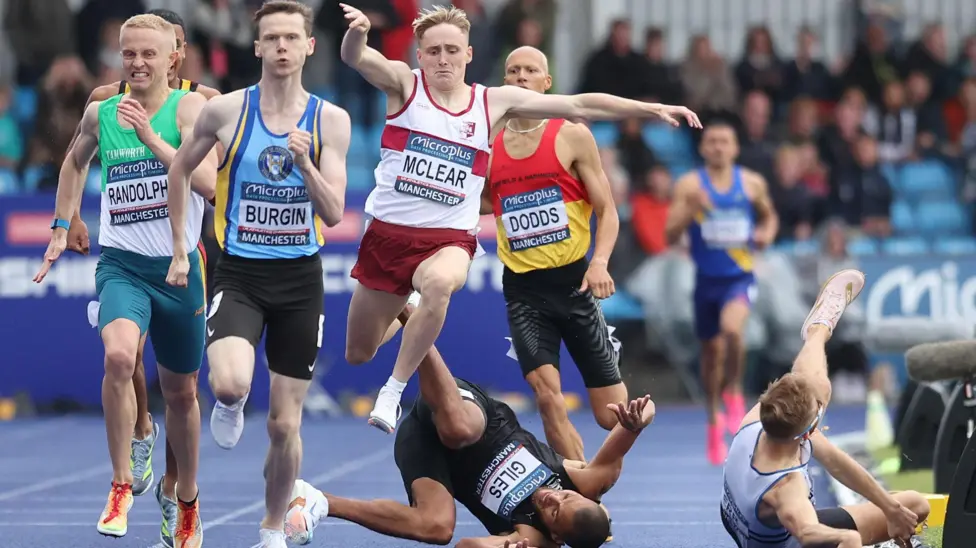 Josh Kerr (right) fell in the 800m at last year's UK Athletics Championships as athletes competed for a place in Britain's Olympic squad