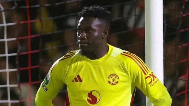 Manchester United goalkeeper Andre Onana during the EFL Cup defeat by Grimsby