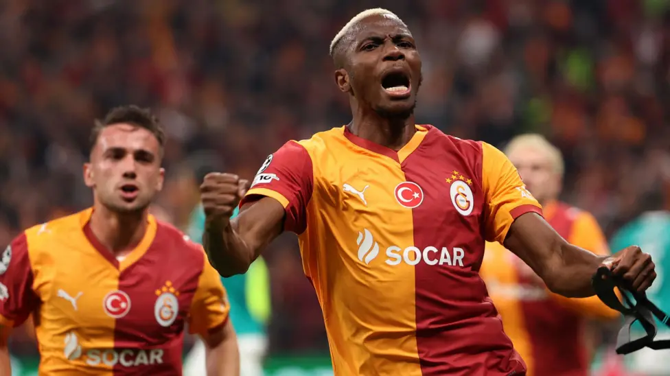 Victor Osimhen celebrates after putting Galatasaray ahead from the penalty spot against Liverpool in the Champions League game in Istanbul.