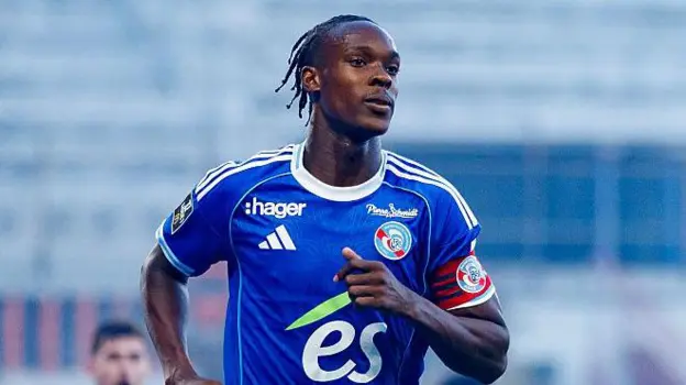 Emanuel Emegha playing for Ligue 1 side Strasbourg