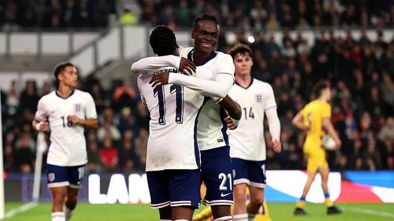 Tyrique George celebrates his winning goal with team-mate Jamie Gittens