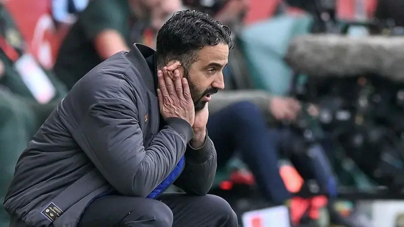 Manchester United head coach Ruben Amorim feels the strain during the 3-1 defeat at Brentford