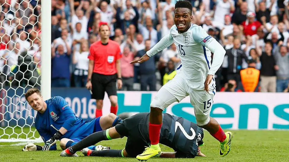 Daniel Sturridge celebrates scoring the winner for England against Wales at Euro 2016