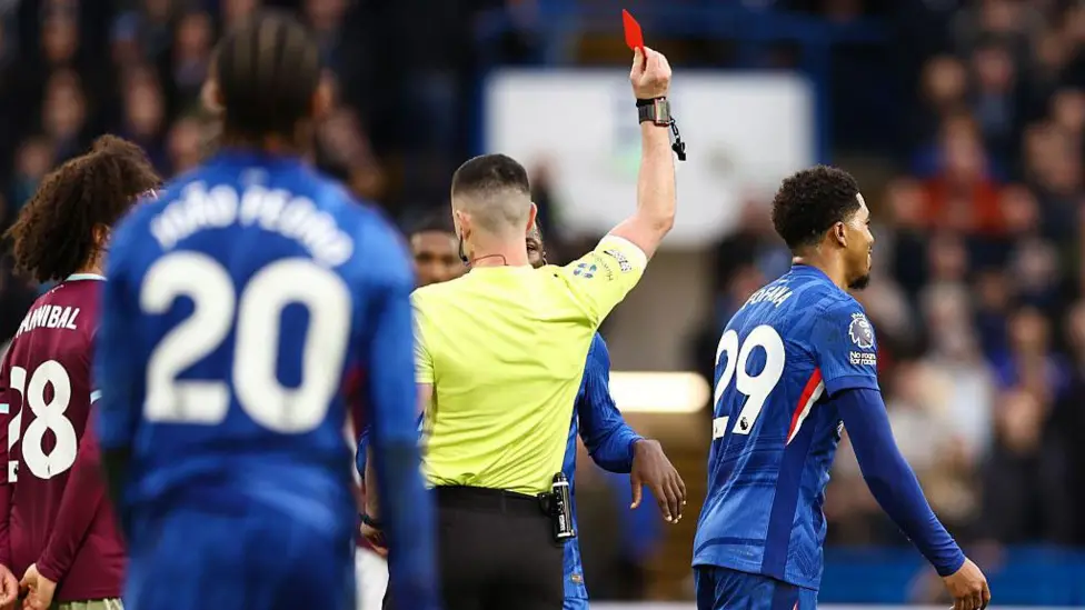 Wesley Fofana was booked for fouls on Hannibal Mejbri and James Ward‑Prowse - becoming the sixth Chelsea player to be sent off in the Premier League this season