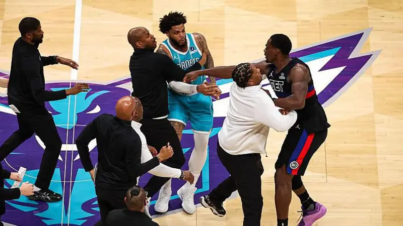 Charlotte Hornets forward Miles Bridges (centre, in light blue) was one of the players ejected