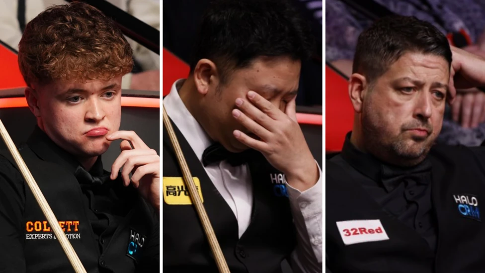 Stan Moody (left), Zhang Anda (centre) and Matthew Stevens were among the 16 players to lose in the first round of the 2026 World Snooker Championship