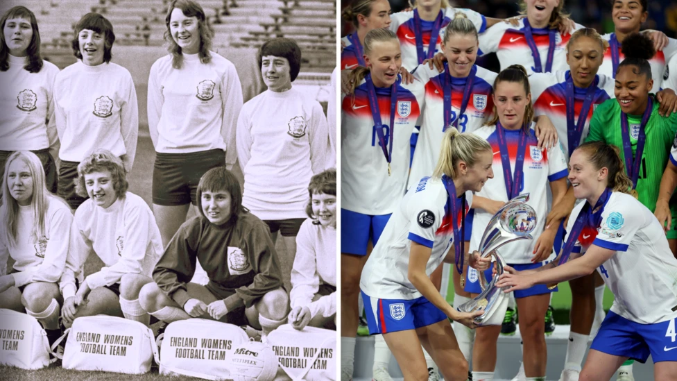 Fifty-three years after playing their first international match (left), England women were crowned European champions for a second time (right)